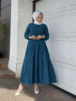 Beli Bağcıklı Gömlek Yaka Merven Elbise PetrolYeşili