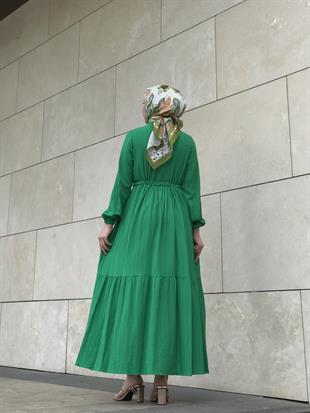 Beli Bağcıklı Gömlek Yaka Merven Elbise Yeşil