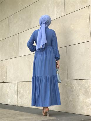 Beli Bağcıklı Gömlek Yaka Merven Elbise Mavi