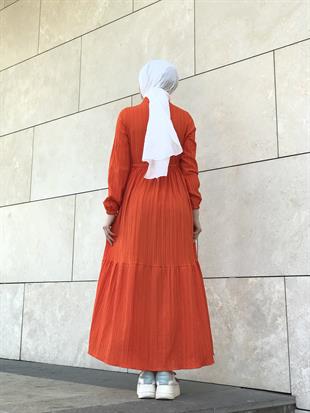 Beli Bağcıklı Gömlek Yaka Merven Elbise Turuncu