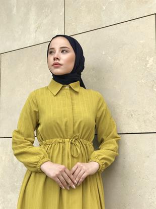 Beli Bağcıklı Gömlek Yaka Merven Elbise YağYeşili