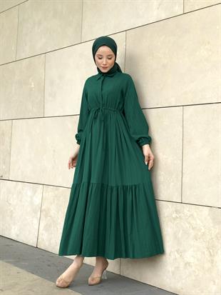 Beli Bağcıklı Gömlek Yaka Merven Elbise Zümrüt