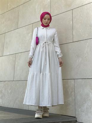Beli Bağcıklı Gömlek Yaka Merven Elbise Beyaz
