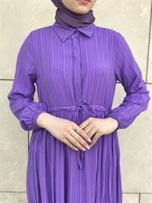 Beli Bağcıklı Gömlek Yaka Merven Elbise Mor