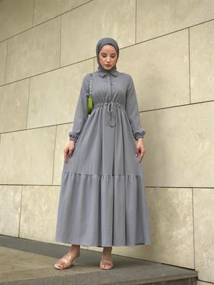 Beli Bağcıklı Gömlek Yaka Merven Elbise Gri