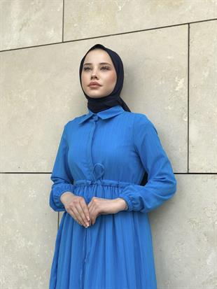 Beli Bağcıklı Gömlek Yaka Merven Elbise İndigo