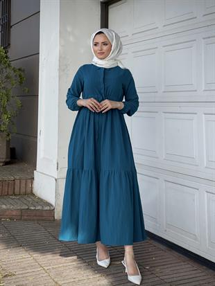 Beli Bağcıklı Gömlek Yaka Merven Elbise PetrolYeşili