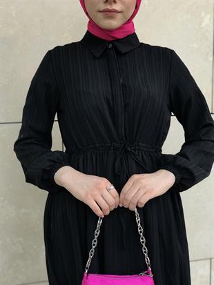 Beli Bağcıklı Gömlek Yaka Merven Elbise Siyah