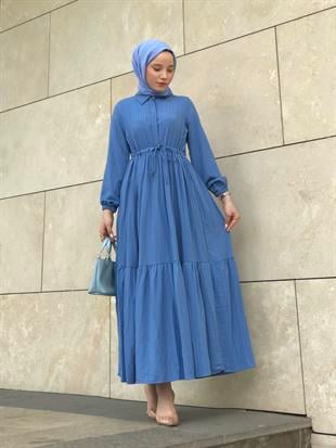 Beli Bağcıklı Gömlek Yaka Merven Elbise Mavi