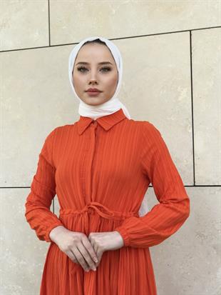 Beli Bağcıklı Gömlek Yaka Merven Elbise Turuncu