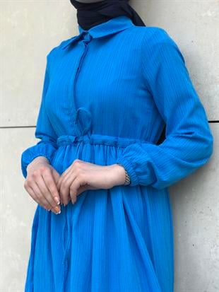 Beli Bağcıklı Gömlek Yaka Merven Elbise İndigo