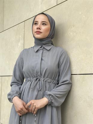 Beli Bağcıklı Gömlek Yaka Merven Elbise Gri