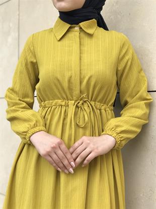 Beli Bağcıklı Gömlek Yaka Merven Elbise YağYeşili