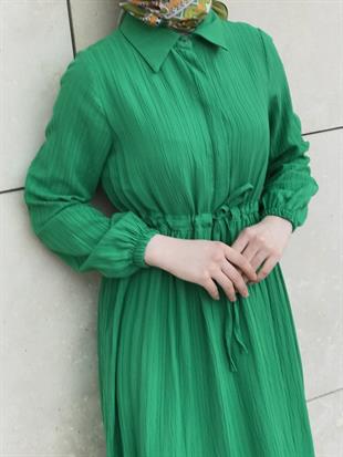 Beli Bağcıklı Gömlek Yaka Merven Elbise Yeşil