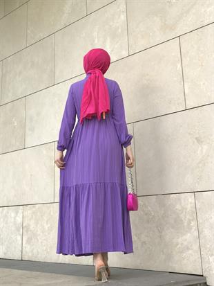 Beli Bağcıklı Gömlek Yaka Merven Elbise Mor