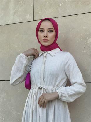 Beli Bağcıklı Gömlek Yaka Merven Elbise Beyaz