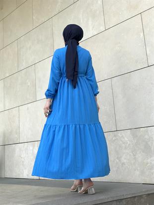 Beli Bağcıklı Gömlek Yaka Merven Elbise İndigo