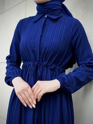 Beli Bağcıklı Gömlek Yaka Merven Elbise Lacivert