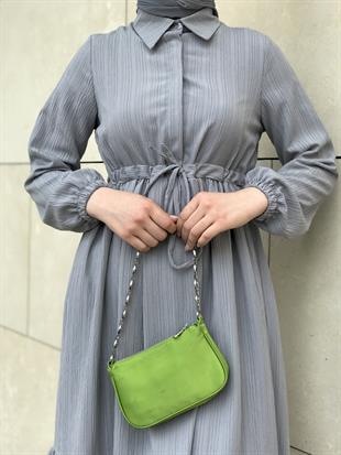 Beli Bağcıklı Gömlek Yaka Merven Elbise Gri