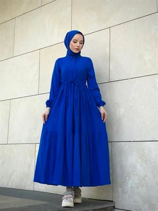 Beli Bağcıklı Gömlek Yaka Merven Elbise Saks