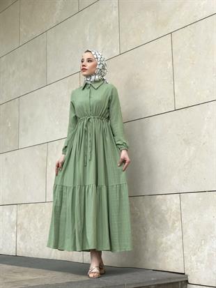 Beli Bağcıklı Gömlek Yaka Merven Elbise Çağla Yeşili