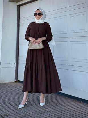 Beli Bağcıklı Gömlek Yaka Merven Elbise AcıKahve