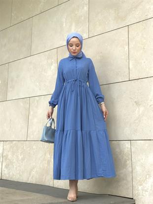 Beli Bağcıklı Gömlek Yaka Merven Elbise Mavi