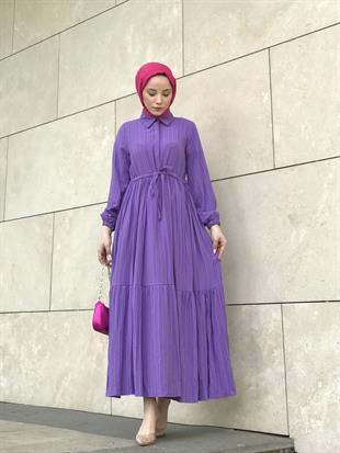 Beli Bağcıklı Gömlek Yaka Merven Elbise Mor