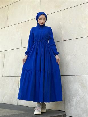 Beli Bağcıklı Gömlek Yaka Merven Elbise Saks