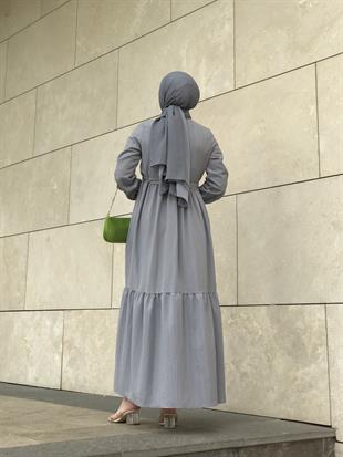 Beli Bağcıklı Gömlek Yaka Merven Elbise Gri