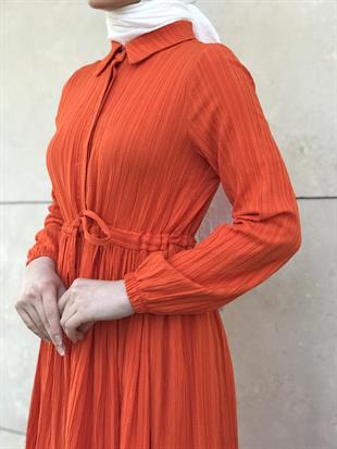 Beli Bağcıklı Gömlek Yaka Merven Elbise Turuncu