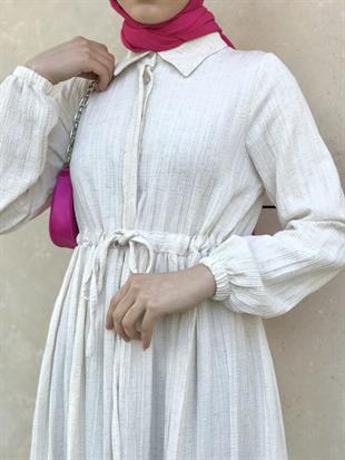 Beli Bağcıklı Gömlek Yaka Merven Elbise Beyaz