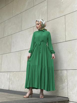 Beli Bağcıklı Gömlek Yaka Merven Elbise Yeşil