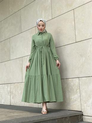 Beli Bağcıklı Gömlek Yaka Merven Elbise Çağla Yeşili