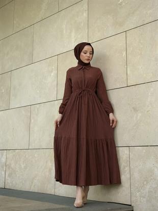 Beli Bağcıklı Gömlek Yaka Merven Elbise Kahverengi