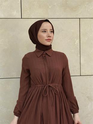 Beli Bağcıklı Gömlek Yaka Merven Elbise Kahverengi
