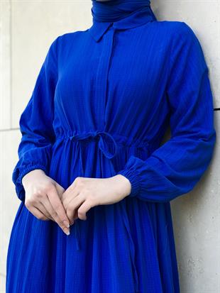 Beli Bağcıklı Gömlek Yaka Merven Elbise Saks