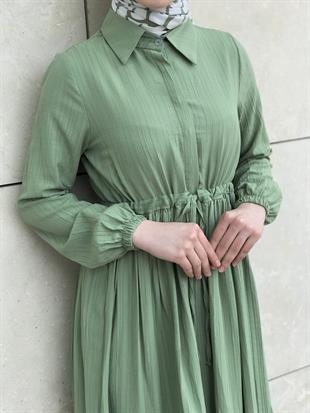 Beli Bağcıklı Gömlek Yaka Merven Elbise Çağla Yeşili
