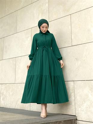 Beli Bağcıklı Gömlek Yaka Merven Elbise Zümrüt