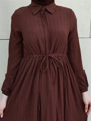 Beli Bağcıklı Gömlek Yaka Merven Elbise Kahverengi