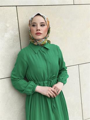 Beli Bağcıklı Gömlek Yaka Merven Elbise Yeşil