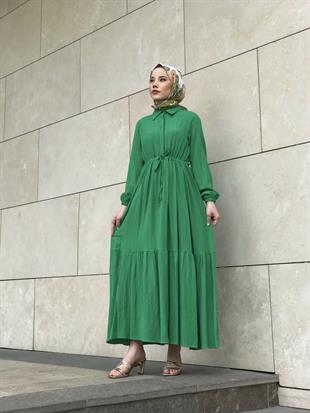 Beli Bağcıklı Gömlek Yaka Merven Elbise Yeşil