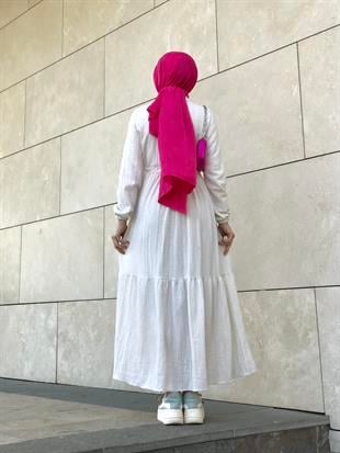 Beli Bağcıklı Gömlek Yaka Merven Elbise Beyaz