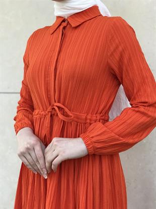 Beli Bağcıklı Gömlek Yaka Merven Elbise Turuncu