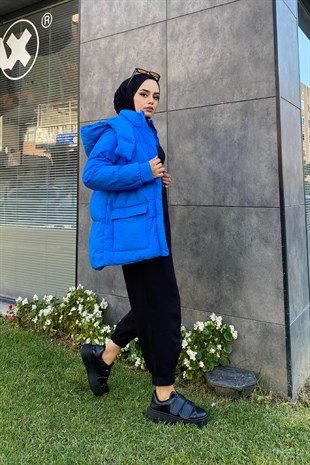 Beli Büzgülü Mont Mavi