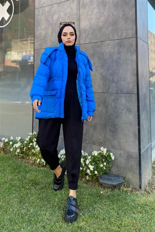 Beli Büzgülü Mont Mavi