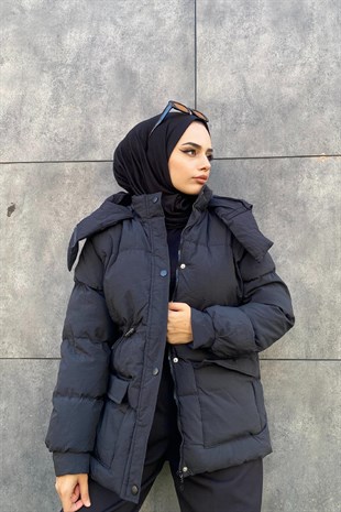 Beli Büzgülü Mont Siyah