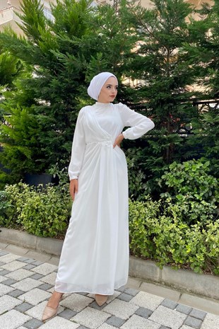 Beli İşlemeli Şifon Abiye Beyaz