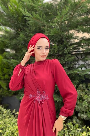 Beli İşlemeli Şifon Abiye Bordo