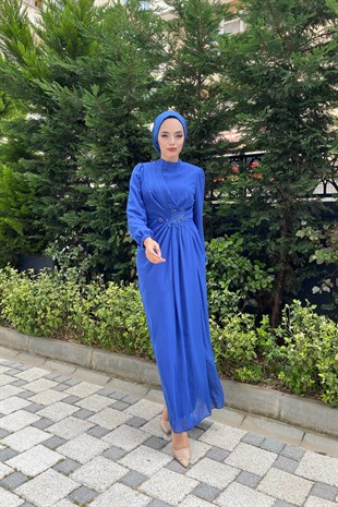 Beli İşlemeli Şifon Abiye İndigo